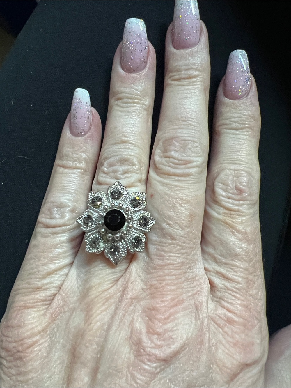 Silver Floral Black Stone Statement Ring